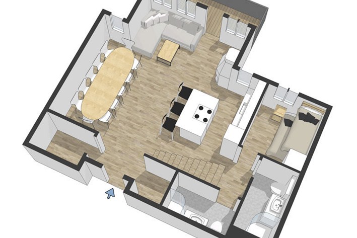 Planskiss första etage med kök, matplats, 2 badrum, 1 sovrum & allrum med kamin (gas)